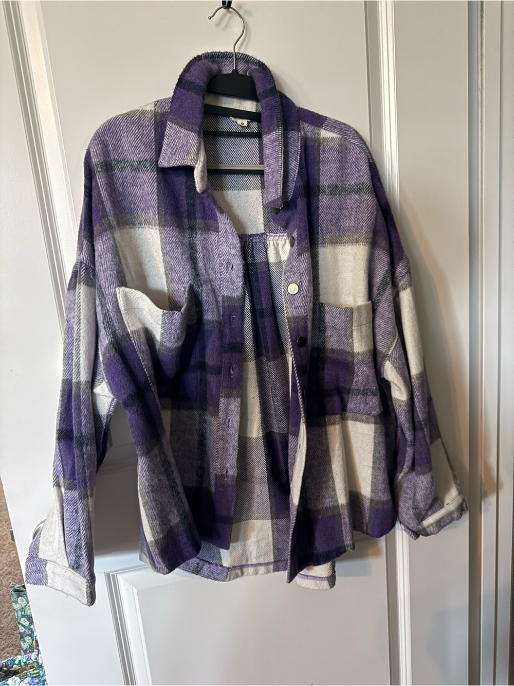 POL Purple and Black Oversized Wool Blend Plaid Jacket